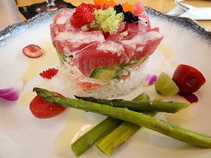 Ahi Tower with Ahi tuna, imitation crab, avocado, rice